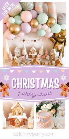 a christmas party with gingerbread houses, balloons and other decorations on the table is featured in this collage