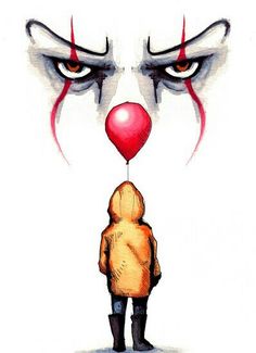 a drawing of a clown looking at a child with a red balloon in his mouth