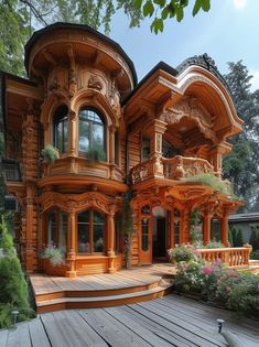 a large wooden house with many windows and balconies