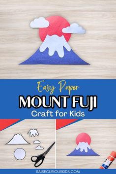 easy paper mount fuji craft for kids to make with the mountains and clouds in the background