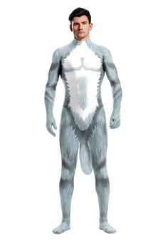 a man in a costume that looks like an animal with white fur on his chest