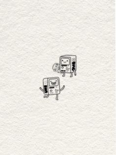 two small appliances sitting side by side on top of a white paper background with black ink