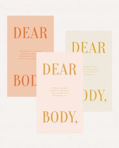 three cards with the words dear, bod, and body