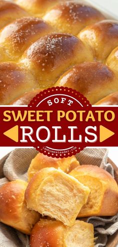 sweet potato rolls in a basket with the words sweet potato rolls on top and bottom