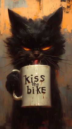 a black cat holding a coffee cup with the words kiss the bike on it