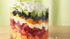 an image of a fruit trifle in a glass dish on a table with the caption's tweet below it