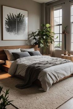 a bedroom with a large bed and two plants in the window sill next to it