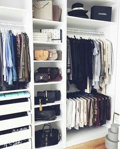 an organized closet with clothes and handbags