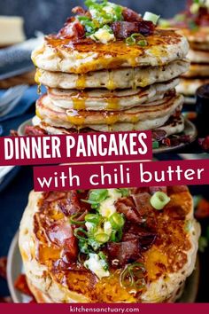 pancakes with bacon and cheese are stacked on top of each other