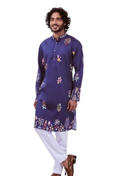 Navy straight kurta with multi colored kalamkari floral prints. Comes with contrasting solid pyjama. - Aza Fashions Luxury Kalamkari Print Straight Kurta, Purple Cotton Kurta For Navratri, Traditional Kurta With Floral Print For Transitional Season, Purple Kurta With Printed Motifs For Diwali, Straight Kurta With Floral Print For Transitional Season, Traditional Floral Print Kurta For Transitional Season, Designer Straight Kurta With Kalamkari Print, Designer Kalamkari Print Kurta For Diwali, Navratri Cotton Silk Kurta With Floral Print