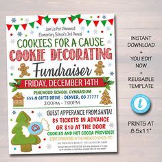 a cookie party flyer is shown on a wooden background with the words cookies for a cause