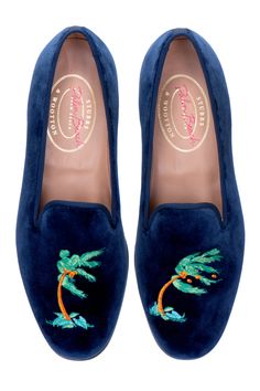 Our Storm Velvet Slipper features a Naval Velvet Upper with a Navy Grosgrain Trim. Finished off with our Storm Palm Tree embroideries. Meticulously Hand-crafted in Spain. Leather lined to provide additional support and comfort. The stacked wooden heel is 3/4" in height. Leather soled. True to American sizing. Heeled Espadrilles, Velvet Slippers, Women's Espadrilles, Navy Velvet, Wooden Heel, Mini Tote, Sneaker Heels, Workout Accessories, Mens Slippers