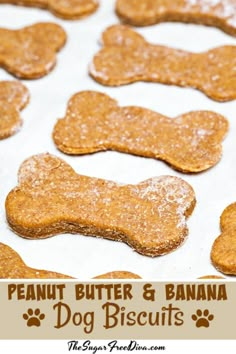 peanut butter and banana dog biscuits are on a baking sheet with the words, peanut butter and banana dog biscuits