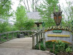 a wooden sign that says african forest lodge expedition in front of some trees and bushes