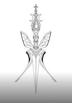 a drawing of a knife with wings on it's head and two swords in the middle