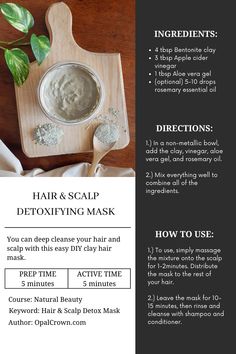 Diy Scalp Scrub Recipes, Bentonite Hair Mask, Diy Scalp Exfoliant, Deep Scalp Cleanse Diy, Hair Deep Cleanse Diy, Bentonite Clay Hair Mask Recipes, Diy Hair Detox Recipes, Hydrating Scalp Mask Diy, Detox Hair And Scalp