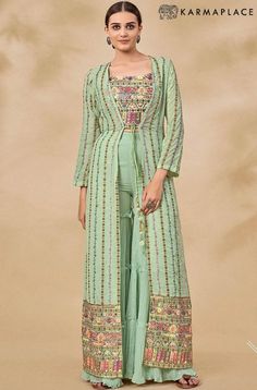 Buy Pista Georgette Sequance And Mirror Embroidery Work Sharara Suit Set Sharara Top, Top With Jacket, Green Sharara, Light Green Blouse, Indo Western Dresses For Women, Indian Dresses Online