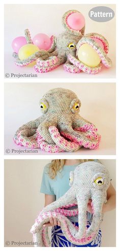 an octopus made out of yarn is shown in three different ways