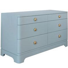 a blue dresser with gold knobs on the top and bottom drawers, against a white background