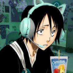 an anime character with headphones on holding a drink