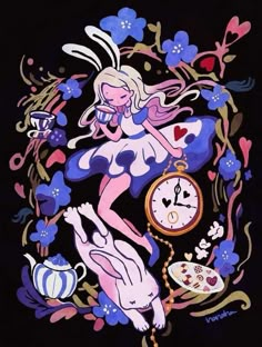 a painting of a woman holding a clock with flowers around her and an animal in the background