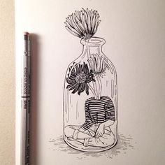 a drawing of a vase with flowers in it