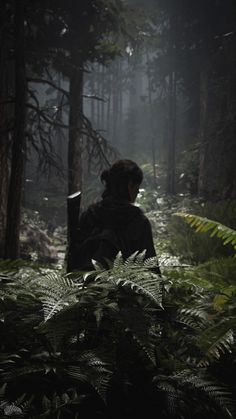 a person standing in the middle of a forest surrounded by trees and ferns, looking at something