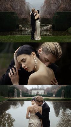 two people standing next to each other in front of a pond and one person holding the woman's head