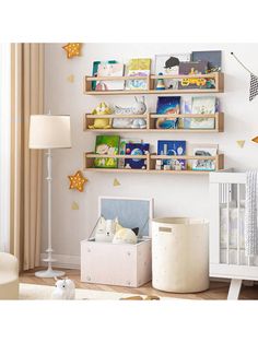 a baby's room with shelves and toys on the wall