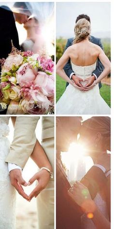 wedding pictures with the bride and groom making a heart