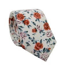 Citrus Skinny Tie. Off white background with pink and orange flowers and light gray leaves throughout. Four In Hand Knot, Double Windsor, Floral Ties, Mens Ties, Boys Ties, Wedding Groomsmen, Navy Suit, Cool Ties, Gifts For My Boyfriend