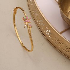 Yellow Gold Meenakari Bracelets As Gift, Multicolor Gold Bracelet Gift, Pink Gold Plated Bracelets, Gold Flower Bangle, Feminine Multicolor Jewelry For Gifts, Feminine Gold Bangle Jewelry, Pink Flower-shaped Pearl Bracelet, Lotus Bud, Latest Jewellery