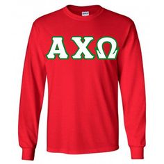 This Alpha Chi Omega sorority longsleeve comes with 4-inch twill sewn-on letters for Alpha Chi Omega across the front of the shirt. You can choose the color of the longsleeve, size and the letter and border combinations.Longsleeve Features: Gildan 6.1-ounce ultra cotton long-sleeve t-shirt; 100% preshrunk cotton, unless otherwise noted on the dropdown; double-needle stitching throughout; taped shoulder-to-shoulder; Unisex/Men's sizing.Rush service is available for 20% of the total price, this service can be selected during checkout. Click Here To View Size Chart Style #: G240 Alpha Letter, Chi Omega Sorority, Kappa Alpha Psi, Alpha Gamma Delta, Fraternity Shirts, Custom Greek Apparel, Alpha Chi Omega, Alpha Chi, Greek Apparel