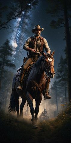 a man riding on the back of a brown horse under a night sky filled with stars