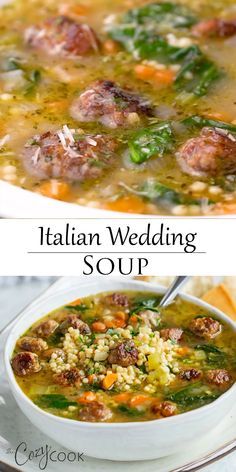 italian wedding soup with meat and vegetables in a white bowl