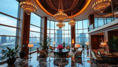 a large living room with high ceilings and chandeliers hanging from it's ceiling