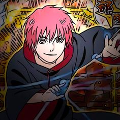 an anime character with pink hair and red eyes is holding his arms out in the air