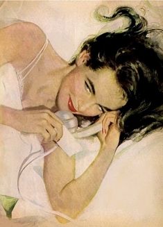 a painting of a woman laying in bed with her head on the pillow and smiling