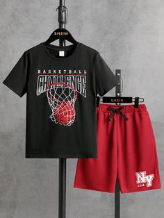 Teen Boys' Casual Loose Basketball Print Short Sleeve Top And Shorts Set Red Casual    Graphic,Letter  Slight Stretch  Teen Boys Clothing, size features are:Bust: ,Length: ,Sleeve Length: Basketball Pattern, Shirts For Teens Boys, Teen Boy Outfits, Drawstring Waist Shorts, Boys Basketball, Boys Set, Teenage Boys, Teen Boy, Boys Casual