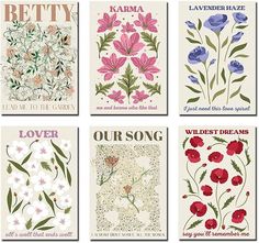 four different cards with flowers on them in various colors and designs, each featuring the same song