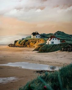 the houses are on top of the hill by the water