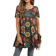 Fantaslook Plus Size Womens Tunic Tops Short Sleeve Casual Floral Shirts Swing Flare Dressy Blouses Plus size tops for women features crew neck, short sleeve, tunic tops, casual floral shirts, dressy tops to wear with leggings, loose fit style. Crafted to flatter and accentuate curves, short sleeve floral shirts for women offer a delightful swing flare that exudes a sophisticated vibe. Plus size womens clothes, longer flowy and irregular handkerchief hemline perfectly hide your littler belly and Womens Tunic Tops, Dressy Blouses, Women Work Blouse, Flowy Shirts, Business Casual Blouse, Basic Blouse, Casual Blouse Shirts, Floral Shirts, Basic Blouses