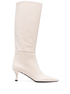 square-toe leather boots from PROENZA SCHOULER featuring off-white, calf leather, square toe, high heel and below-knee length. Luxury White Knee-high Boots With Round Toe, Luxury Fitted White Knee-high Boots, White Synthetic Knee-high Boots, White Wide Calf Snip Toe Knee-high Boots, Proenza Schouler Boots, Proenza Schouler Over The Knee Boots, Square Toe Leather Boots, Proenza Schouler Shoes, Boots Square Toe