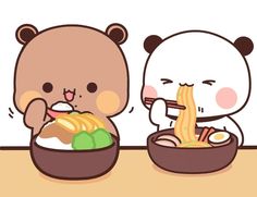 two cartoon bears eating noodles from bowls