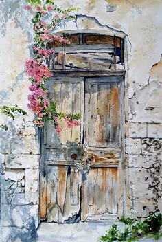 a painting of an old door with pink flowers on it