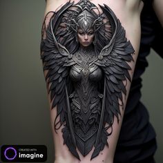 a woman's back with an intricate tattoo design on her body and wings around her shoulders