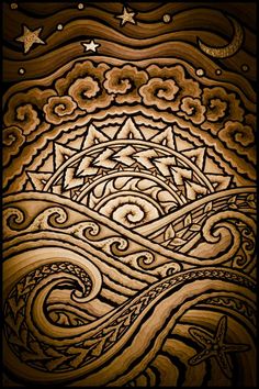 an intricate wood carving design with stars and waves in the sky, on top of a wooden