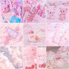 the collage shows many different items in pink and blue colors, including teddy bears