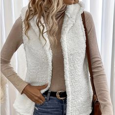 Womens Fuzzy Fleece Vest, Casual Warm Sleeveless Zip Up Sherpa Vest Jacket With Pockets For Fall/Winter Brand New Sherpa Vest Outfit, Vest Outfits For Women, Sherpa Vest, Winter Vest, Jacket With Pockets, Casual Vest, Vest Outfits, Fleece Vest, Ivory White