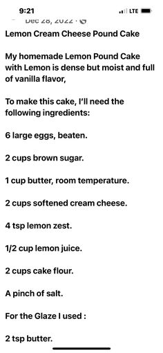 the recipe for lemon cream cheese pound cake is shown in black and white, with instructions to make it